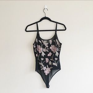 EXPRESS Black Mesh Floral Embroidered Bodysuit